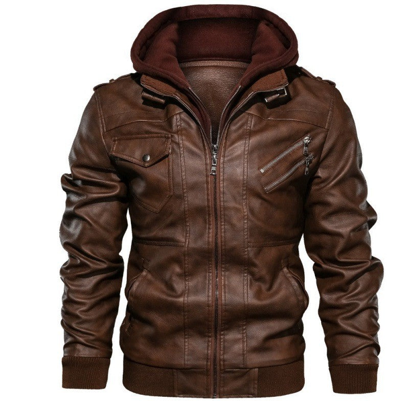 APPEARWAY Spring Antumn Men Brown Leather Motorcycle Jacket With Removable Hooded Male PU Jacket Coat EU Size High Quality