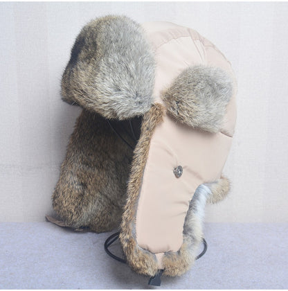 New Russia Winter Real fur Hat Men Outdoor Windproof Super Warm Real Rabbit Fur Bomber Hats Natural Soft Natural Rabbit Fur Caps