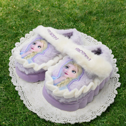 Disney Princess Elsa Winter Children's Cotton Home Slippers Frozen Girl's Snow Non Slip Warm Baby Slippers Pink Blue Size 24-36
