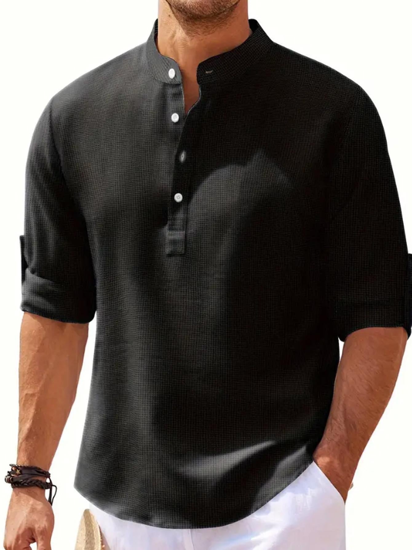 Men's Cotton Linen Henley T-Shirts Long Sleeve Hippie Casual Beach T-Shirts