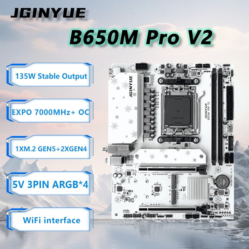 Placa-mãe JGINYUE B650M PRO V2 AM5 M-ATX para processadores AMD® Ryzen™ 7000/8000/9000 Series DDR5 RAM de até 96GB e 3 Slots M.2 para computadores (sem Wi-Fi)