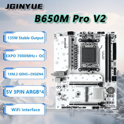Placa-mãe JGINYUE B650M PRO V2 AM5 M-ATX para processadores AMD® Ryzen™ 7000/8000/9000 Series DDR5 RAM de até 96GB e 3 Slots M.2 para computadores (sem Wi-Fi)