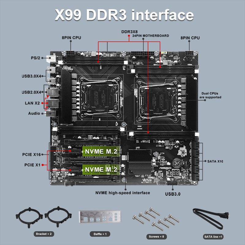 Placa-mãe X99 Dual-socket CPU LGA2011-3 8xddr3 ECC Slot de RAM Pciex16 Sata3.0 Servidor PC Placa-mãe