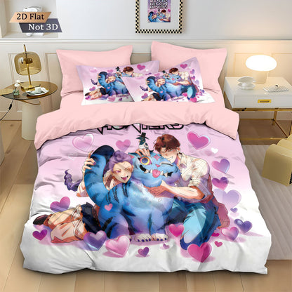 K-Pop Bedding Set Demon Hunters Themed Pink Print Polyester Student Dormitory Bed Sheet Duvet Cover Kid Gift Home Textile