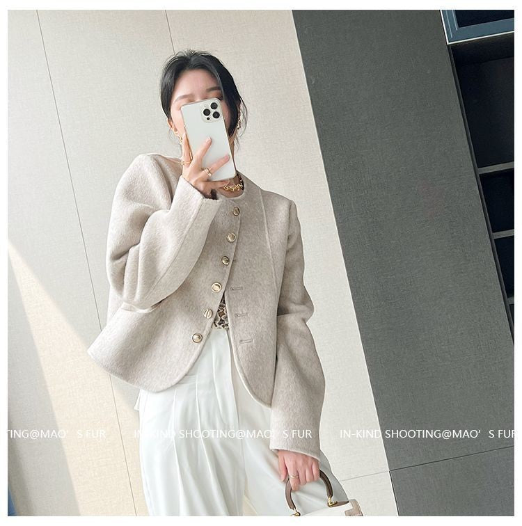 Women's New Round Neck Single-breasted Double-sided Tweed Coat Fashionable Casual and Versatile Elegant Top