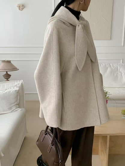 Korean Sle Woolen Coat Women's Chic Temperament Sweet Bow Tie Collar Hooded Warm Woolen Coat Long Sve Mid-Length