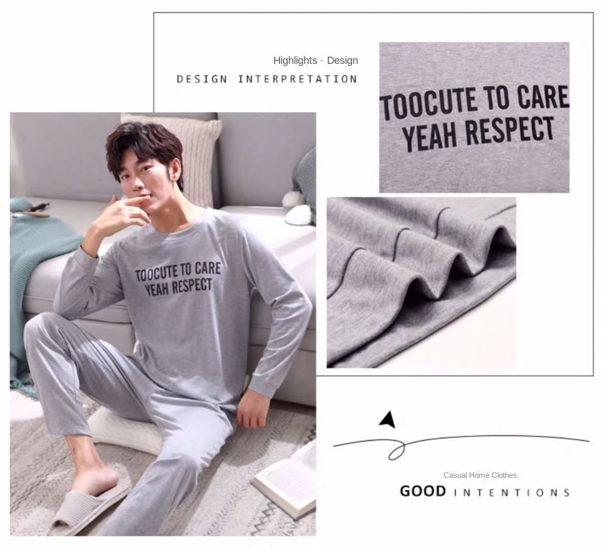 2Pcs/set men's pajamas set of large size long-sleeved long trousers autumn and winter students home clothing round neck autumn m