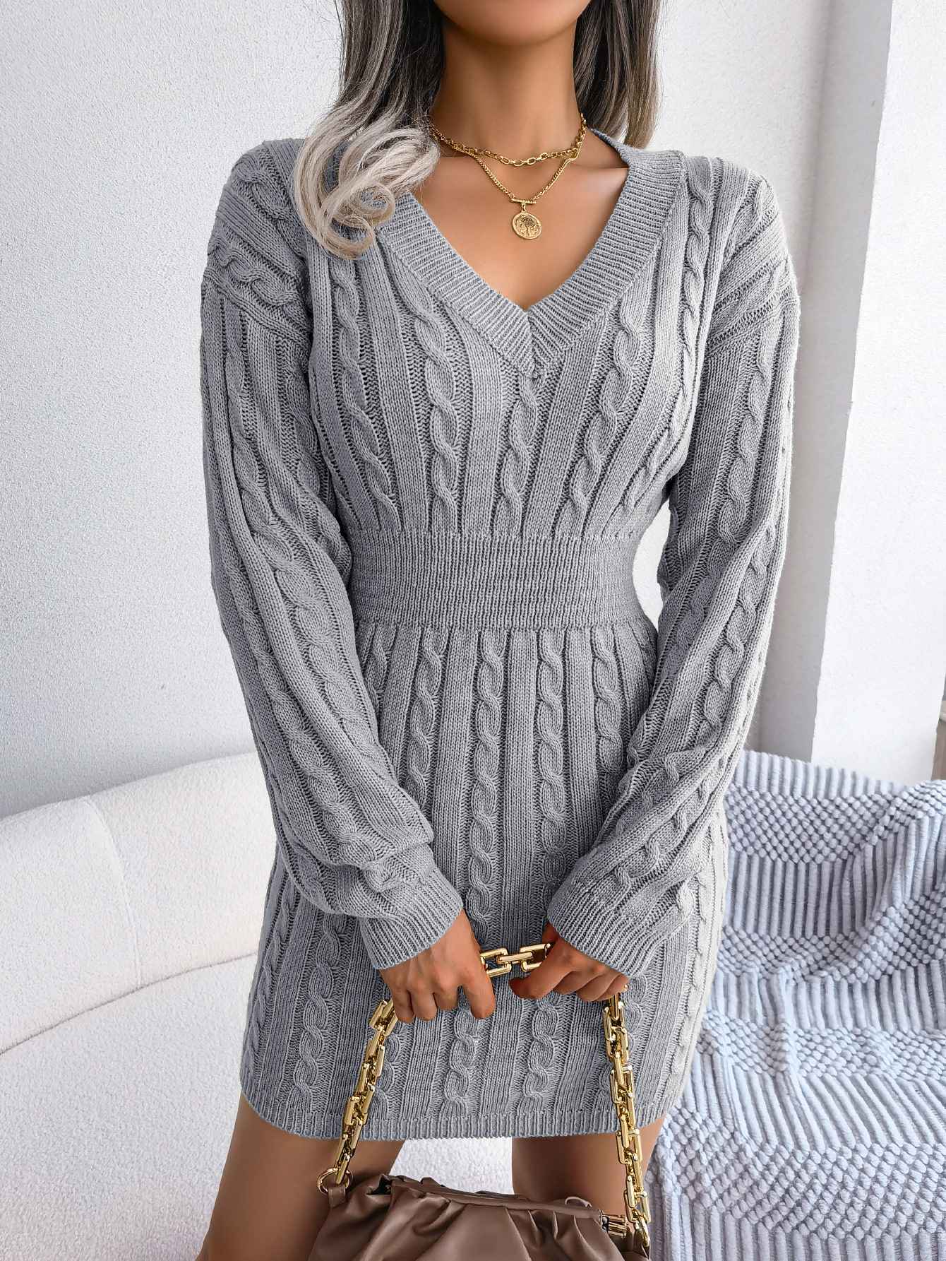 VigoCasey 2025 V Neck Casual Short Knit Dress Autumn Winter Women Solid Long Sleeve Dress Lady Khaki Bodycon Knitted Dresses