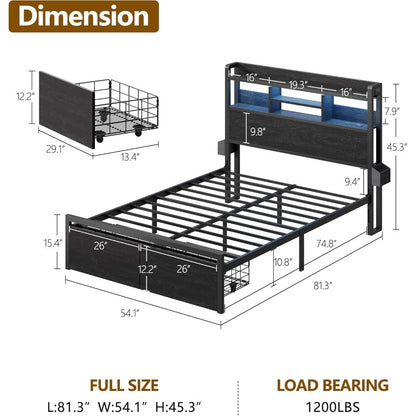 Cama Box de Casal com Estrutura de Madeira, Cama Box de Casal com Plataforma de Metal, 2 Gavetas de Armazenamento e Prateleira, Luzes de LED