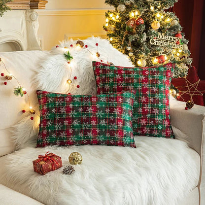 Home Christmas Decor Plaid Cushion Covers Red Checkered Polyester Cotton Xmas Ornament Snowflake Throw Pillowcase Decorative