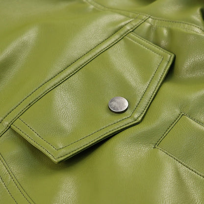Olive Green Leather Jacket Coat Silhouette Vintage High Street Trend Zipper Lapel Short Overcoat Loose Casual Top Outwear Autumn