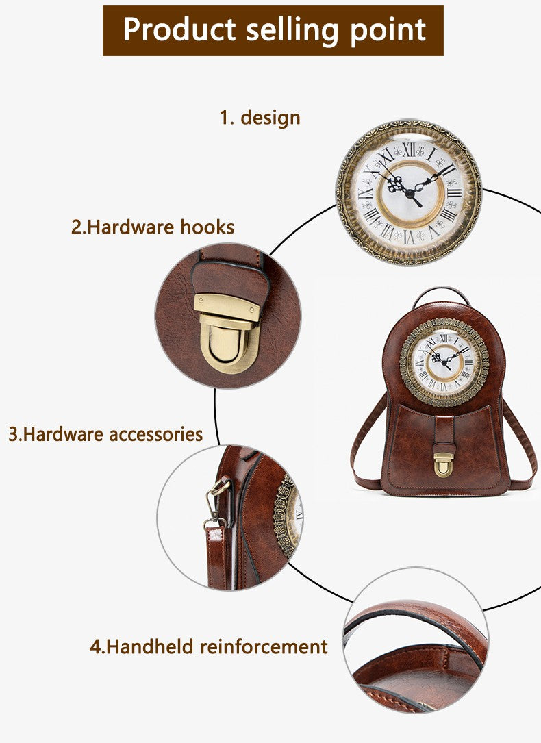 Vintage Clock Backpack, Clock-Style Fashion Shoulder Bag, Crossbody Backpack, Trendy Cool Clock Design, Large-Capacity Multifunctional Travel Bag, British Style Vertical Party Backpack, Waxed Leather Three-Dimensional Bag, Holiday Gift for Christmas
