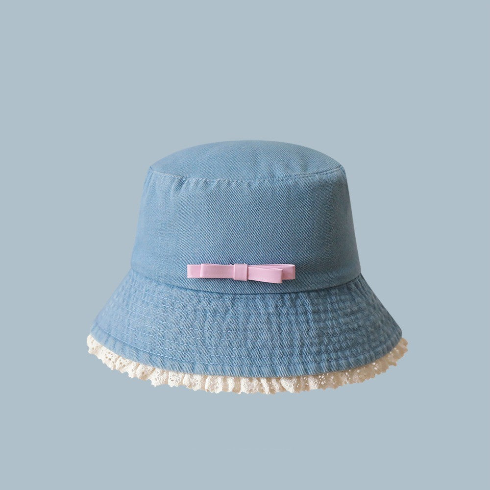 Retro Big Brimmed Denim Bucket Hat Bow Tie Y2K Lace Fisherman Hat Korean Style UV Protection Bow Sunscreen Hat Outdoor