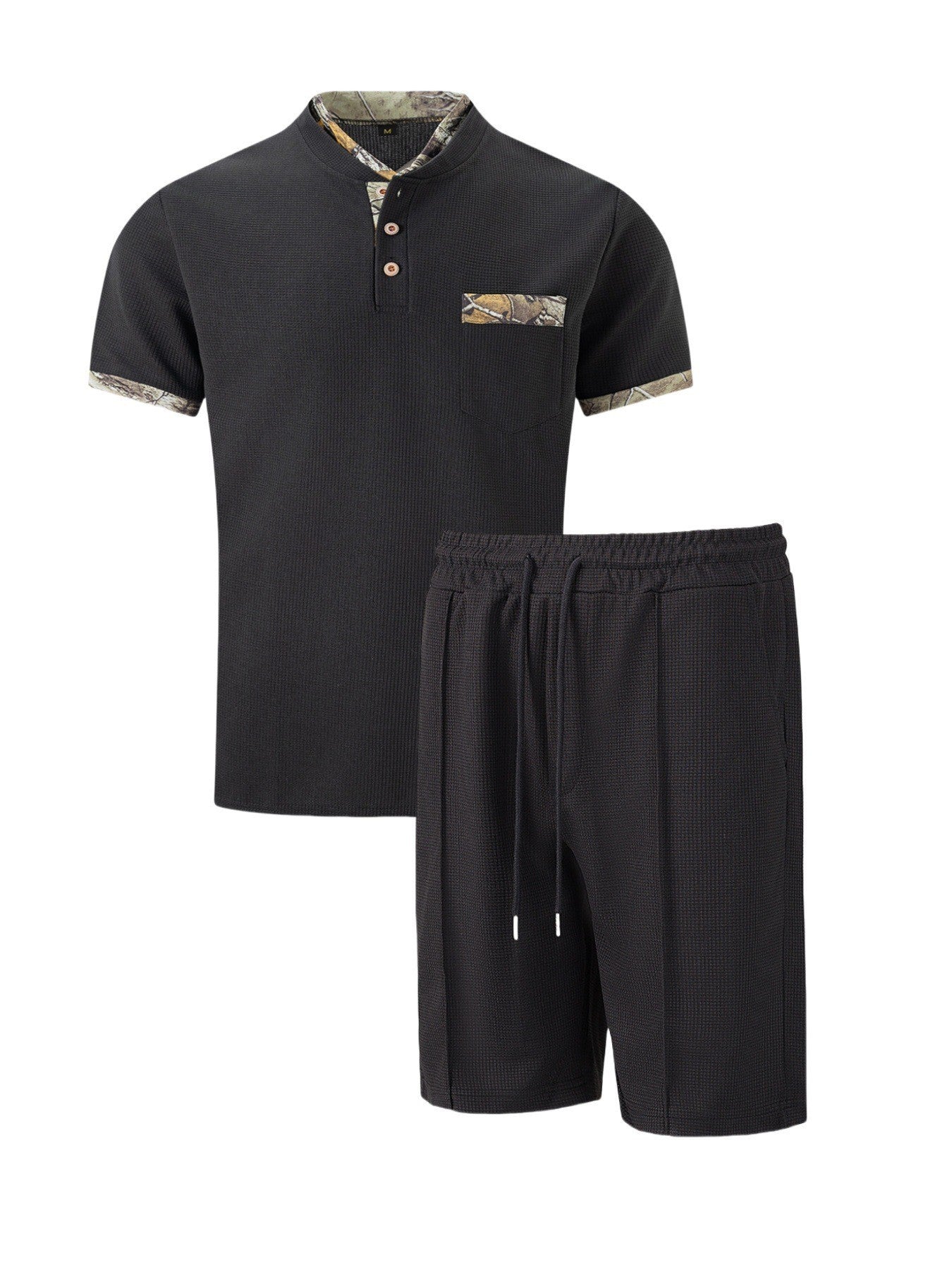 2025 Men Europe and the United States new summer Waffle solid color zip-up lapel short-sleeve suit shorts two sets