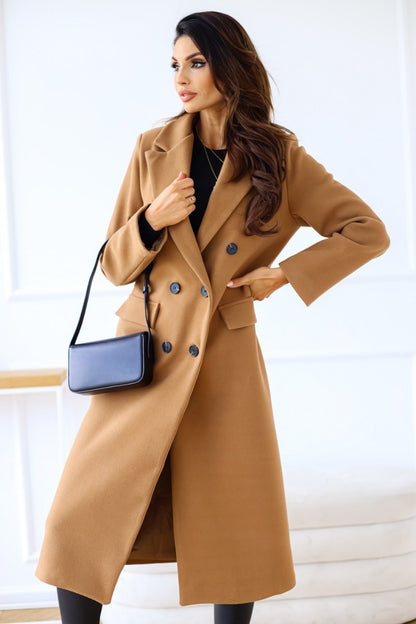 Women's Clothing Autumn and Winter Minimalist Double Breasted Solid Color Long Sleeved Lapel Button Down Woolen Coat
