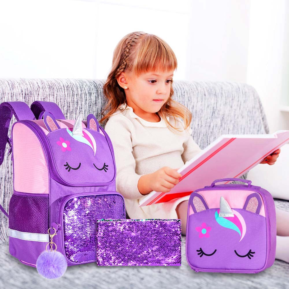 3PCS Unicorn Backpack, 15" Girls Sequin Bookbag with Lunch Box, Purple Kids School Bag for Elementary 2 sold