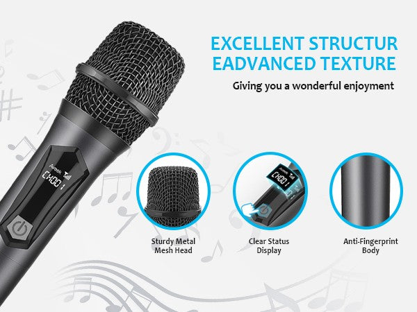 Microfones Sem Fio Aveek para Karaokê, Microfone para Caixas de Som com Receptor Recarregável para Festa, DJ, Casamento (2 Pacotes)