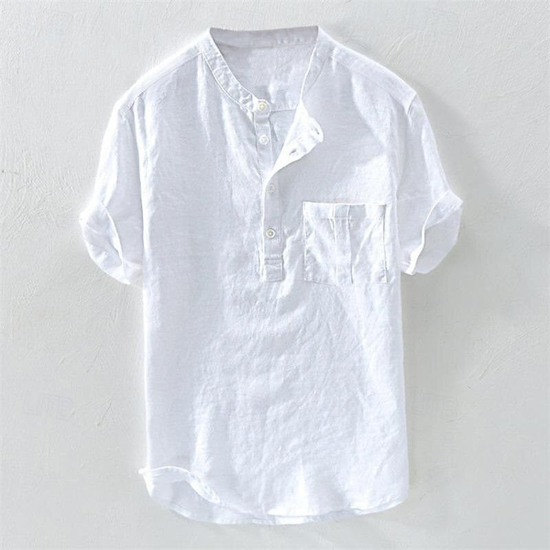 Hawaiian Men's Henley V Neck Short Sleeve Pocket Top Solid Color Fashion Shirt Men's Tops 100% Cotton and Linen Men's T-Shirt