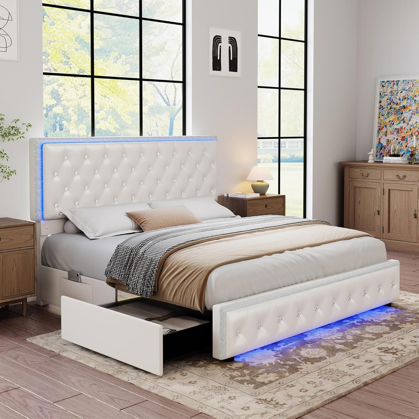 LED Bed Frame with 2 Drawers, PU Leather Platform Bed with Diamond Tufted Headboard Footboard and 2 Side Pockets, M