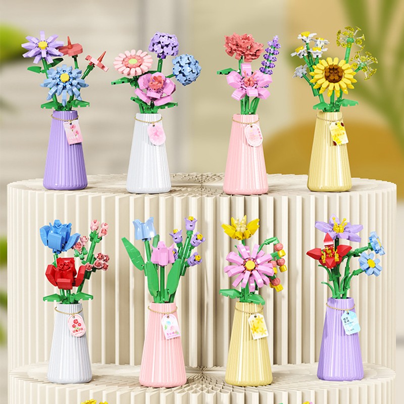 Flower Bouquet Building Blocks with Vase DIY Rose Sunflower Mini Bricks for Kids Birthday Party Favors Girls Gift Desktop Decor