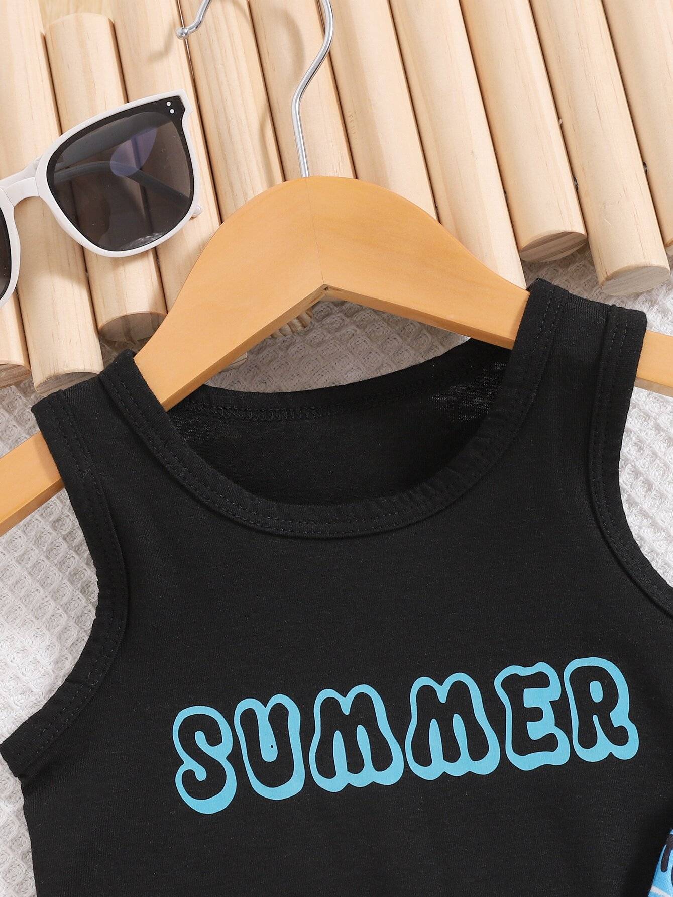2pieces-Summer Baby Boy Casual Sports Outdoor Comfort Breathable Beach Vacation Travel Black Vest + Coconut Tree Printed Shorts