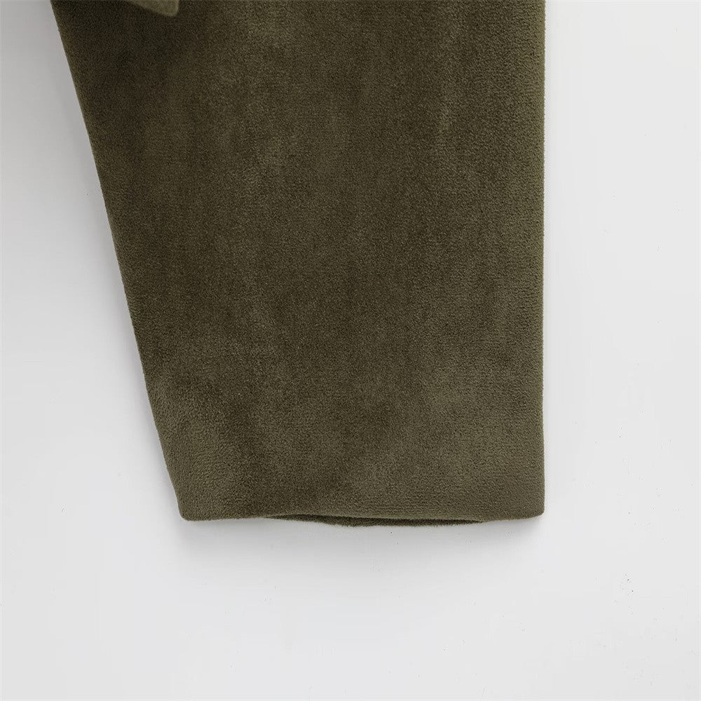 2025 Women Faux Suede Collared Jacket with Shoulder Straps Loose Fit Stylish Olive Green for Sale on