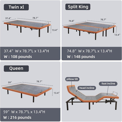 Base Ajustável para Cama Box com Massageador, Inclinação para Travesseiro, Inclinação Ergonômica, Gravidade Zero, Porta USB Dupla, Luz Noturna