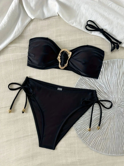 European and American sexy simple solid color fashion bikini set, side tie with metal accessorie