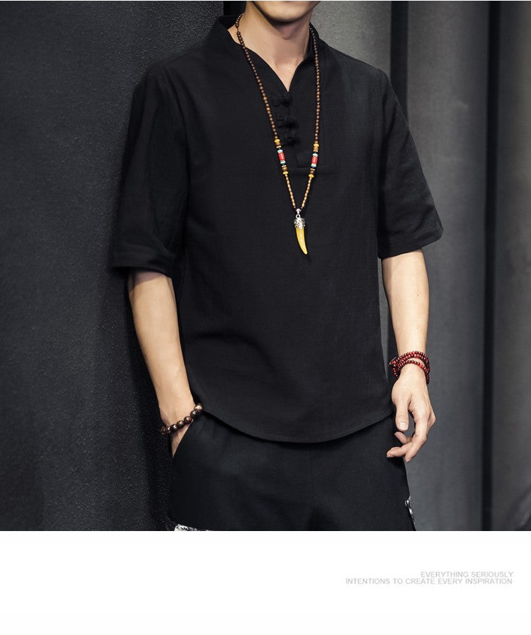 2023 Men Summer Cotton Linen Tang Shirt Men Chinese Style Button Short-Sleeved Shirts Male Blouse Vintage Kung Fu Hawaiian Shirt