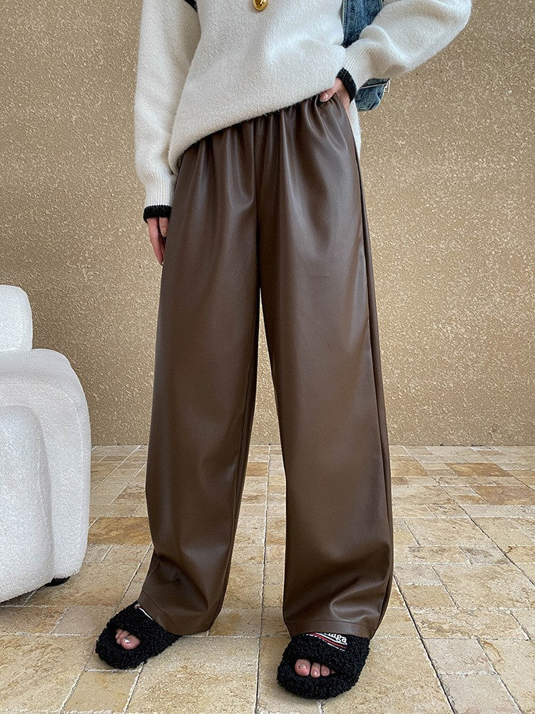 High Elastic Waist Coffee Pu Leather Long Wide Leg Pants New Trousers Women Fashion Tide Spring Autumn