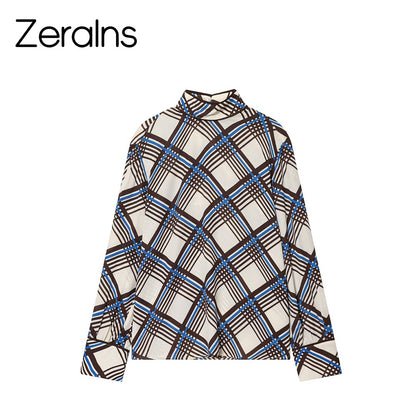 ZERAINS 2025 autumn new women's clothing loose casual temperament simple long sleeved plaid high neck shirt