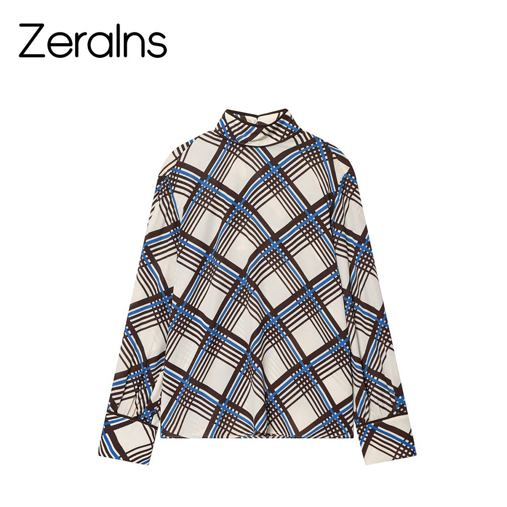 ZERAINS 2025 autumn new women's clothing loose casual temperament simple long sleeved plaid high neck shirt