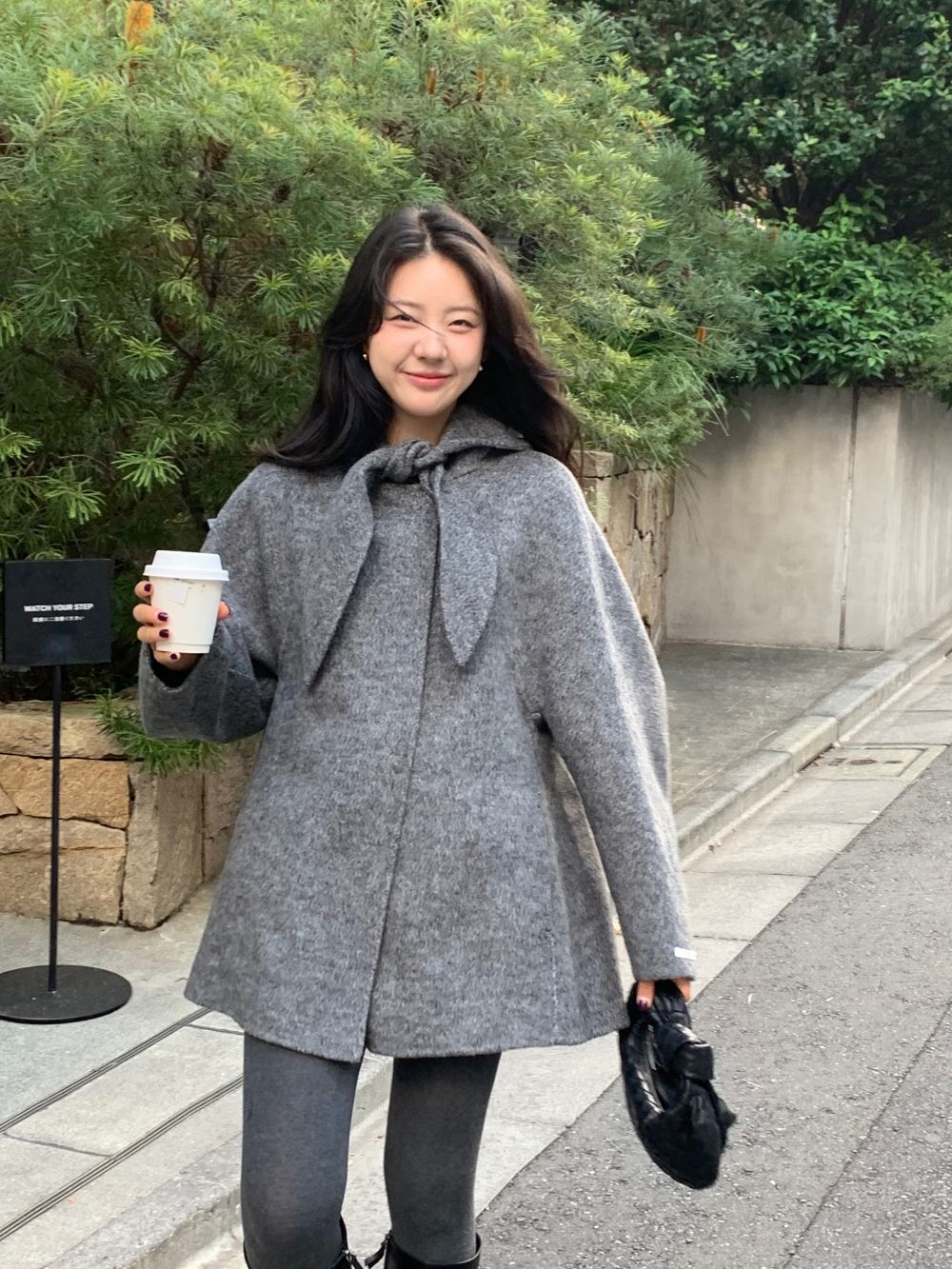 Korean Sle Woolen Coat Women's Chic Temperament Sweet Bow Tie Collar Hooded Warm Woolen Coat Long Sve Mid-Length