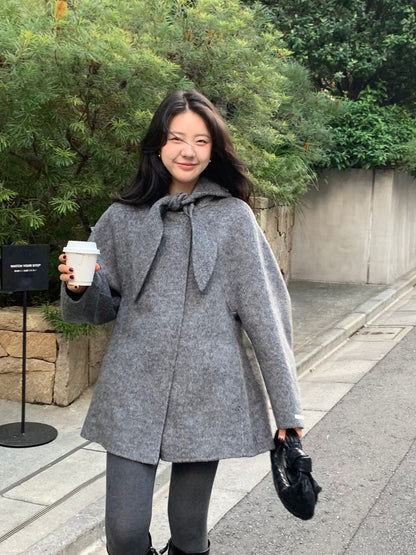 Korean Sle Woolen Coat Women's Chic Temperament Sweet Bow Tie Collar Hooded Warm Woolen Coat Long Sve Mid-Length