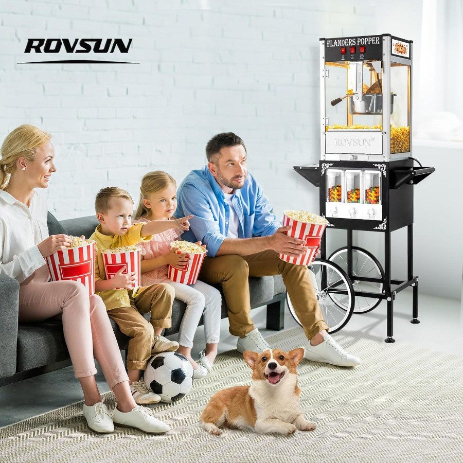 Commercial and Home Theater Popcorn Machine with Cart Wheels and 8 Oz Kettle Produces Up to 32 Cups ETL Certified Popcorn Maker