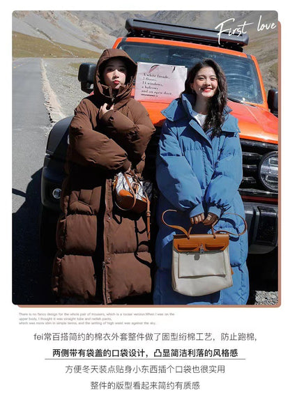 Long Thickened Down Cotton Bread Style Coat Women's Winter 2025 Outerwear Korean Loose Long Knee Length Solid Hooded Jacket