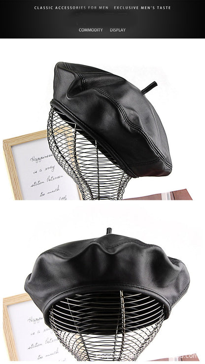 Boina Feminina de Couro Genuíno de Ovelha Outono Inverno Chapéu de Pintor Estilo Britânico Vintage Versátil Casual de Couro Legítimo