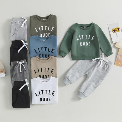 Roupas de Outono Inverno para Bebês Meninos, Conjunto de 2 Peças de Moletom de Manga Comprida com Estampa de Letra "Little Dude" e Calças