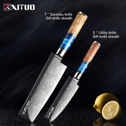 XITUO Kitchen Knives Set Damascus Steel VG10 Chef Knife Cleaver Paring Bread Knife Blue Resin Stabilised Wood Handle 1-7PCS set