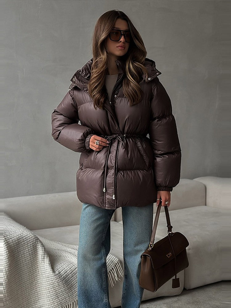 Glossy Shiny Women 's Down Jackets Vintage Hooded Zipper Puffer Full Sleeve Jackets For Woman 2025 Woman Winter Coats Outwears