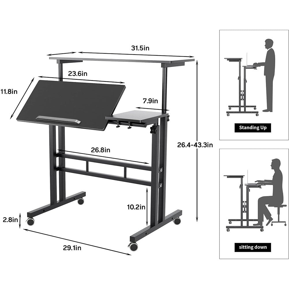 Mobile Desk With Folding Table Top, Height Adjustable Computer PC Table Workstation Laptop Stand with Rollers for Home Office