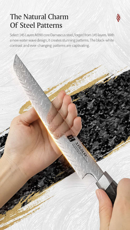 XINZUO 8.46-inch Damascus Carving Knife 145-layer M390 steel 60-62HRC carbon fiber handle 6.0-8.0N sharpness rust-resistant