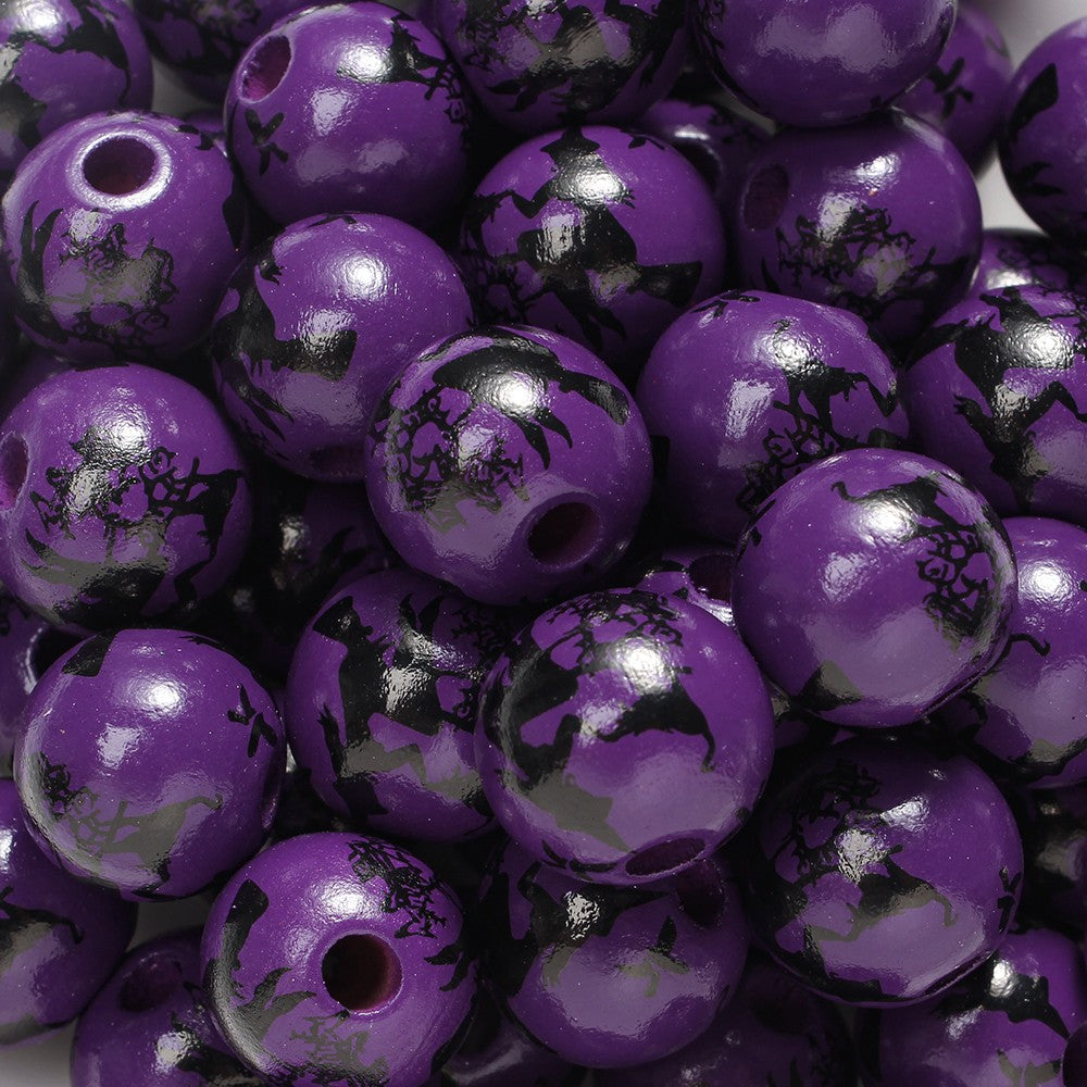 10pcs 16mm Wooden Spacer Beads Halloween Print Spider Eye Witch Bloodstain Ghost Face Mask Beads For Making Bracelet Necklace