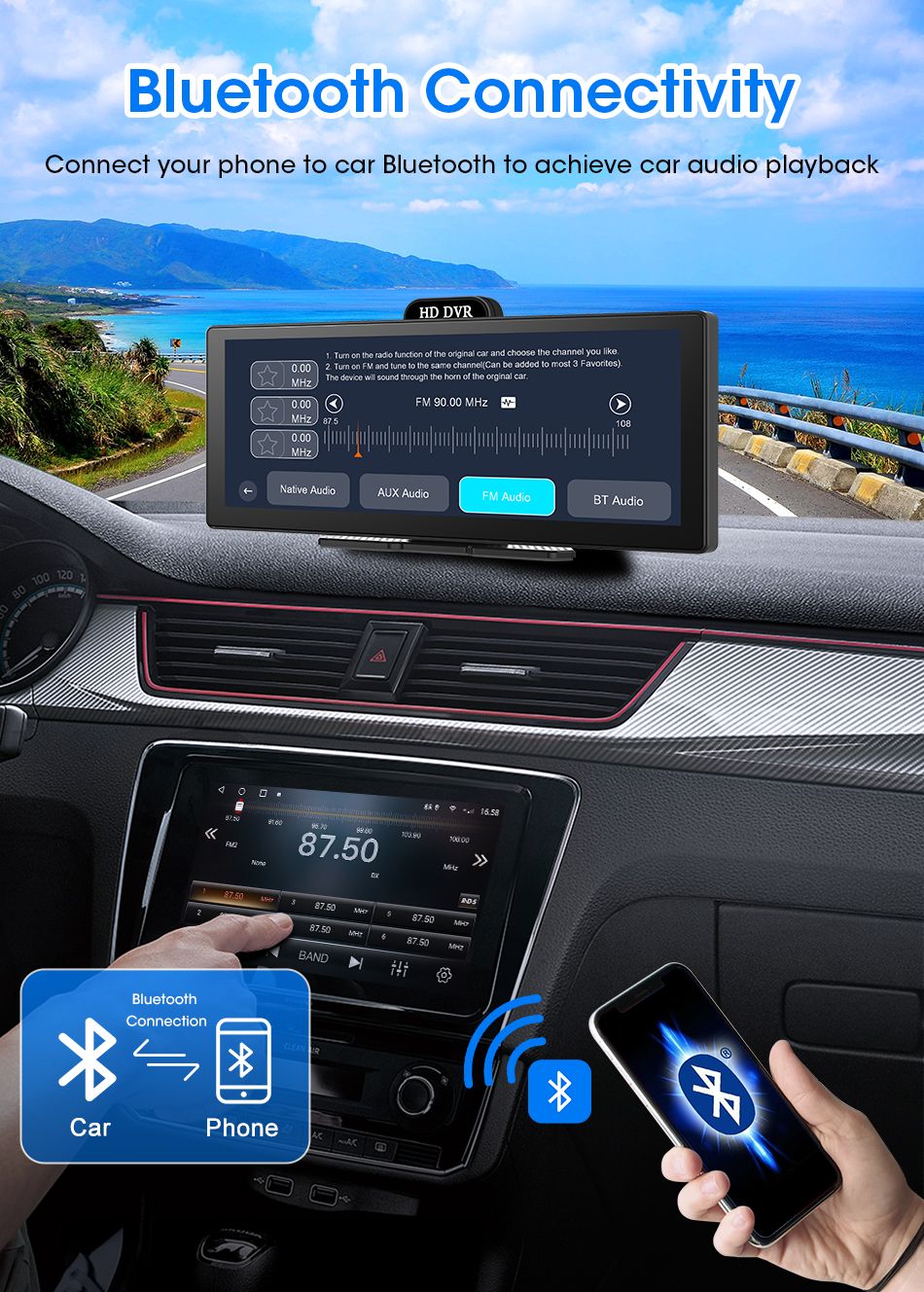 Gravador de Vídeo DVR 4K de 10/11,26 Polegadas com CarPlay e Android Auto Sem Fio, Câmera Veicular, Áudio Bluetooth, Navegação GPS e Duas Lentes para Painel