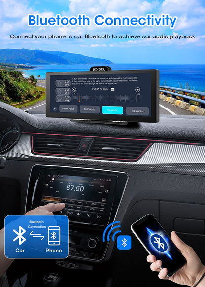 Gravador de Vídeo DVR 4K de 10/11,26 Polegadas com CarPlay e Android Auto Sem Fio, Câmera Veicular, Áudio Bluetooth, Navegação GPS e Duas Lentes para Painel
