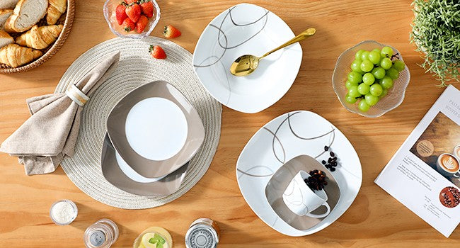Conjunto de Louça de 30 Peças Marfim Branco Linhas Marrons Porcelana Fina Cerâmica Conjuntos Combinados de Pratos de Sobremesa/Pratos Fundos/Pratos Rasos