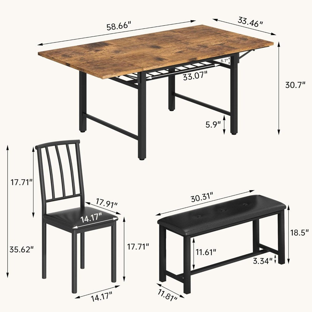 4-Piece Faux Wood Drop Leaf Dining Table with Storage Rack, Space Saving Breakfast Nook Table Set with 2 Backrest Chairs