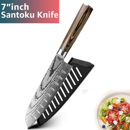 Conjunto de Facas de Cozinha 1-7PÇS Faca de Chef Japonesa Santoku 7CR17 Aço Inoxidável 440C Faca de Imitação de Damasco Cutelo de Carne Fatiador