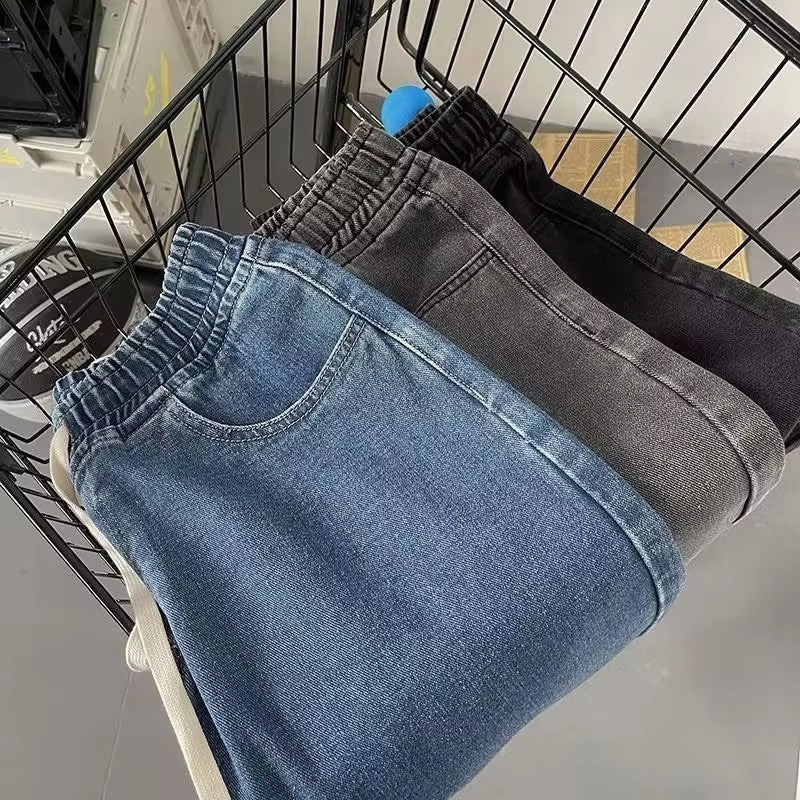Calça Jeans Masculina Novo Estilo com Cordão Elástico na Cintura Perna Larga Solta Calça Reta de Rua Tendência Ins Calça Casual