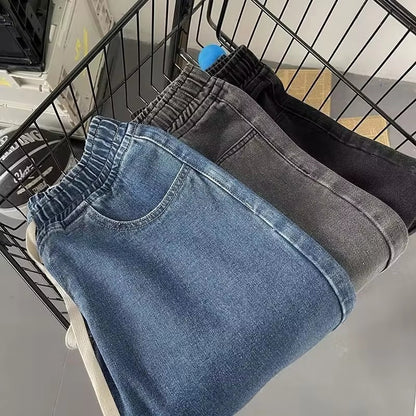 Calça Jeans Masculina Novo Estilo com Cordão Elástico na Cintura Perna Larga Solta Calça Reta de Rua Tendência Ins Calça Casual